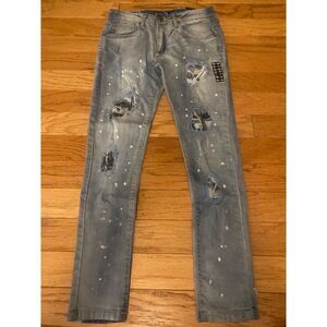 NWT Spark women's distressed stretch/skinny light wash splattered jeans sz 30/30